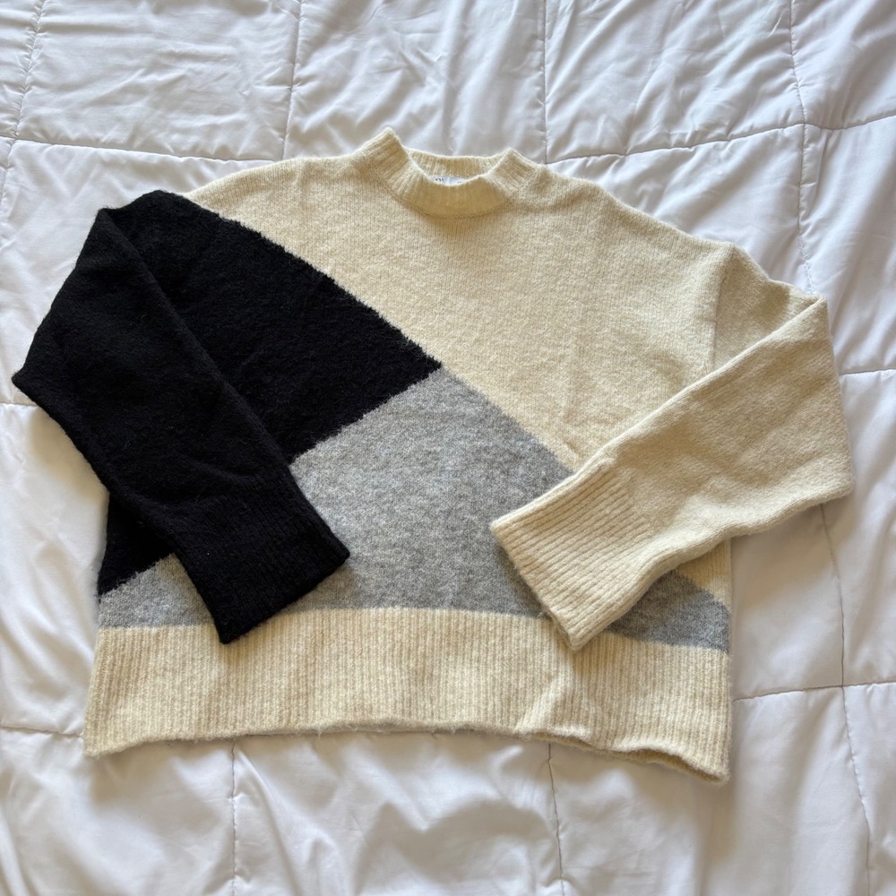 Zara Colorblock Alpaca Wool Blend Geometric Knit Sweater Cream Grey Black Large